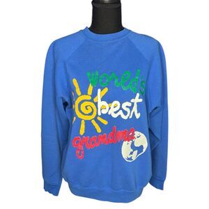 Vintage Womens Blue "Worlds Best Grandma" Graphic Sweatshirt Whimsical Retro - M